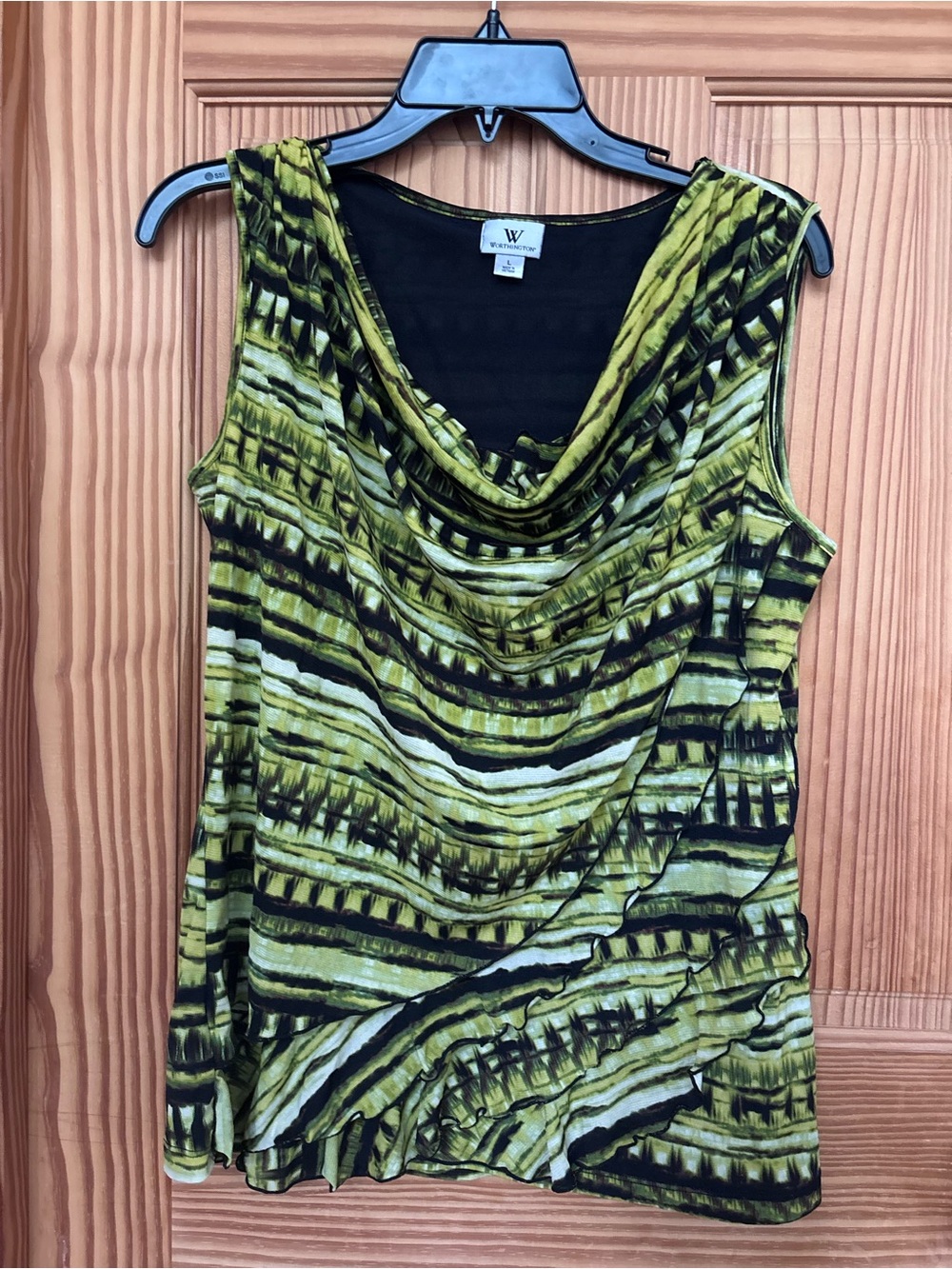 White House Black Market Green Patterned Draped Neck Sleeveless Blouse